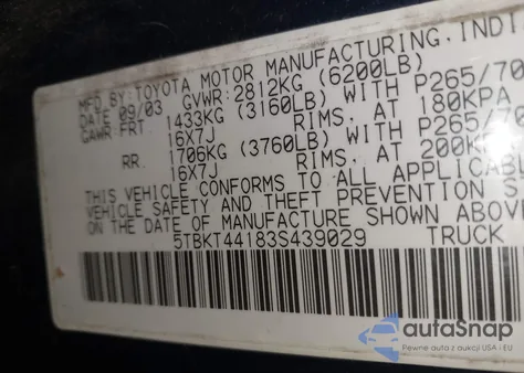 2003 Toyota Tundra Sr5 V8 z USA, uszkodzony, nr VIN 5TBKT44183S439029